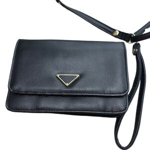 Black Leather Crossbody Wristlet Wallet with Gold Accents and Removable Straps
